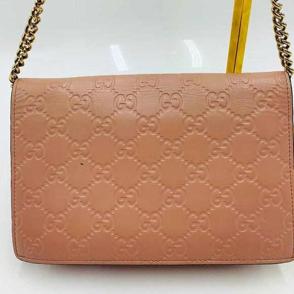 Auth Gucci Wallet On Chain Pink Beige Bow Guccisima Leather Gold Chain Strap Ex+ - Picture 16 of 16